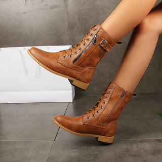 Bottes mi-mollet marron en cuir, laçage avant et patte latérale à boucle