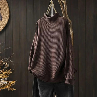 Pull en cachemire Amara marron, col montant côtelé et maille texturée dense