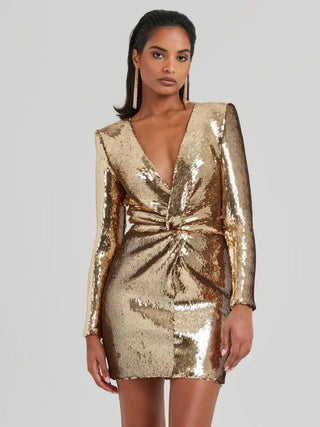 Hanna| Robe Mini à Manches Longues en Paillettes Plissée
