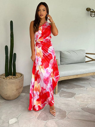Robe Plissée à Une Épaule avec Motif Floral – Élégante & Féminine