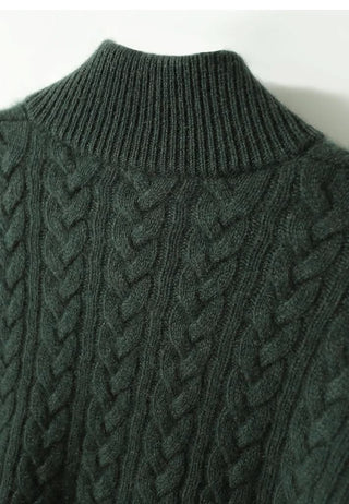 Pull en cachemire vert foncé, col côtelé haut et motif torsadé