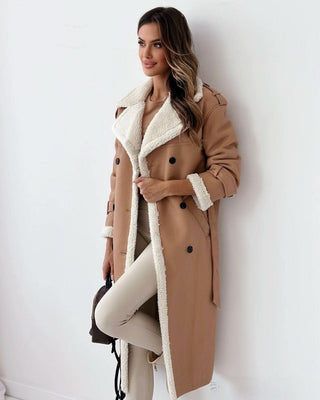 Manteau teddy long camel à col et bords en fausse fourrure, boutonné