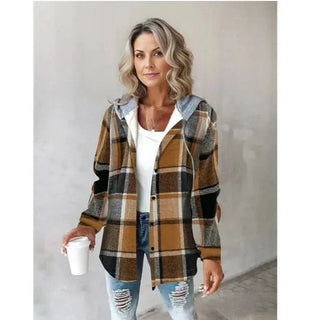 Manteau à capuche en tartan marron et gris, fermeture boutonnée, manches longues