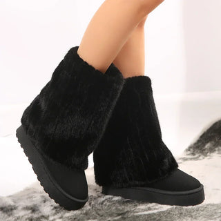 Bottes à tige haute en peluche noire, dessus doux et semelle épaisse