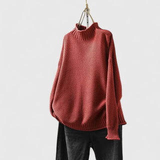 Pull femme col montant texturé rouge bordeaux, manches chauve-souris