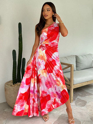 Robe Plissée à Une Épaule avec Motif Floral – Élégante & Féminine