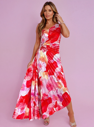 Robe Plissée à Une Épaule avec Motif Floral – Élégante & Féminine
