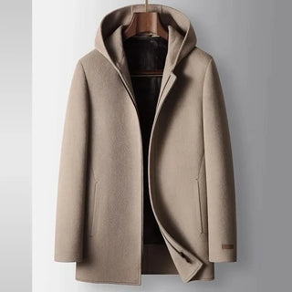 Manteau à capuche en laine 100%, coupe droite, marron clair, col montant