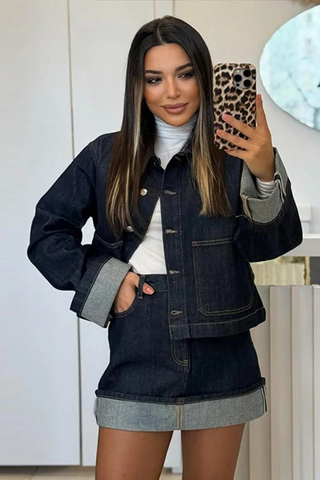 Ensemble en denim pour femmes – Veste en jean cropped & jupe mini taille haute avec revers