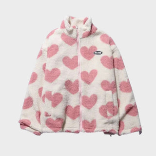 Veste réversible Manuela en polaire blanche à cœurs roses, fermeture zippée
