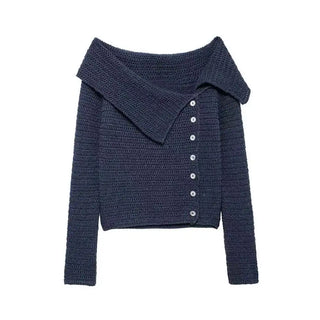 Haut en tricot asymétrique bleu foncé à col châle et patte boutonnée