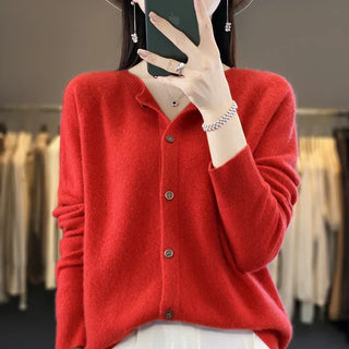 Cardigan en tricot à boutons rouge, col rond, manches longues, boutons