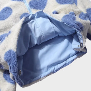 Veste réversible ouverte : polaire à cœurs bleu, doublure bleu clair