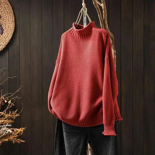 Pull en cachemire Amara rouge, col montant côtelé et maille texturée, bords côtelés