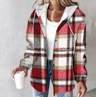 Manteau à capuche en tartan rouge et noir, fermeture boutonnée, manches longues