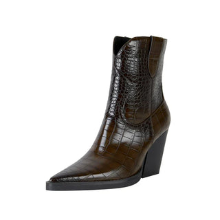 Botte cheville brun foncé effet croco, talon bloc, empiècement élastique
