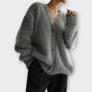Cardigan à encolure V, manches longues, fermeture boutonnée, tissu duveteux gris