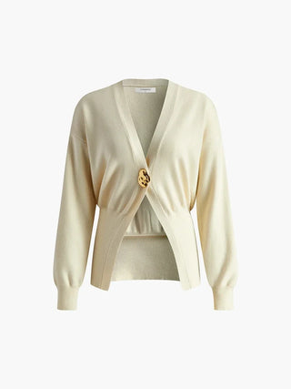 Cardigan beige col V avec boutons dorés, manches longues, coupe courte