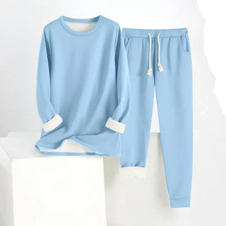 Ensemble sweat et pantalon jogging bleu clair, cordon blanc et finitions côtelées