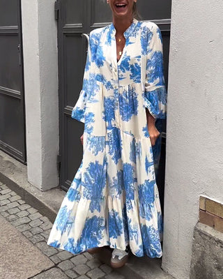 Robe Maxi avec Imprimé, Manches Volantes & Col Montant – Élégante & Aérée