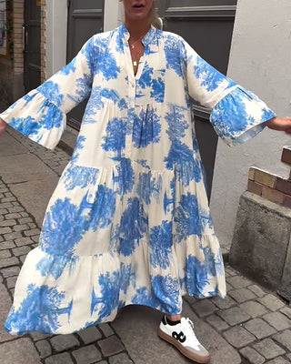 Robe Maxi avec Imprimé, Manches Volantes & Col Montant – Élégante & Aérée