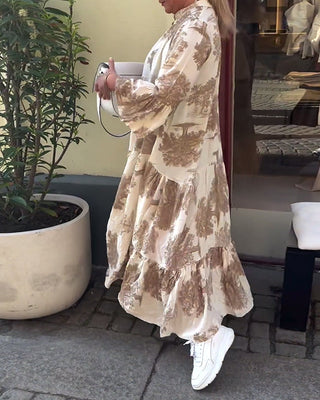 Robe Maxi avec Imprimé, Manches Volantes & Col Montant – Élégante & Aérée