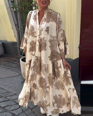 Robe Maxi avec Imprimé, Manches Volantes & Col Montant – Élégante & Aérée
