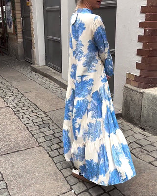 Robe Maxi avec Imprimé, Manches Volantes & Col Montant – Élégante & Aérée