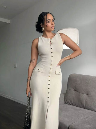 Rosamund | Robe maxi sans manches avec détails élégants de boutons – Classe et raffinement intemporels