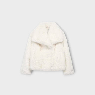 Veste Margarida en cuir fourré blanc cassé, col à revers en fourrure, coupe courte