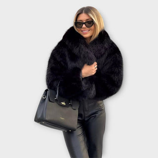 Veste Margarida en cuir fourré noir, col à revers en fourrure, manches longues