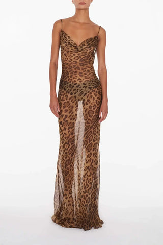 Theresia | Robe maxi léopard transparente – Sauvage & Séduisante