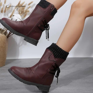 Bottes d’hiver mi-mollet bordeaux en cuir, tige élastique côtelée, lacets, semelle épaisse