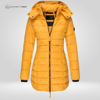 Manteau d’hiver matelassé pour femme Hafsa™, jaune moutarde, capuche à boutons, zip