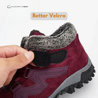 Chaussure d’hiver orthopédique bordeaux, sangle velcro et doublure textile grise