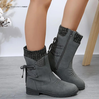 Bottes d’hiver mi-mollet grises en cuir suédé, tige élastique côtelée, lacets, semelle épaisse