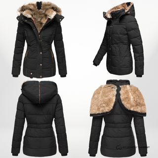 Manteau d'hiver matelassé noir à capuche bordée de fausse fourrure