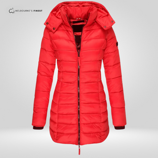 Manteau d’hiver rouge pour femme, capuche, fermeture éclair, matelassage épais, mi-long