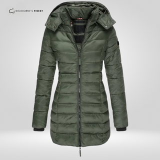 Manteau d’hiver matelassé pour femme Hafsa™, vert foncé, capuche, fermeture zippée