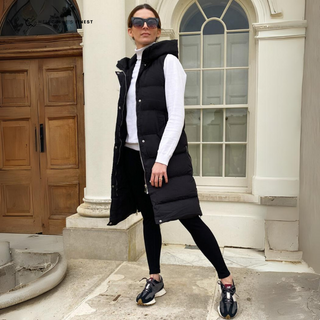Manteau long sans manches Francesca™ noir, matelassé, col montant, fermeture boutonnée