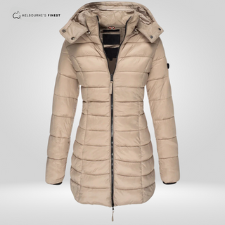 Manteau d’hiver beige kaki pour femme, capuche, fermeture éclair, coutures matelassées