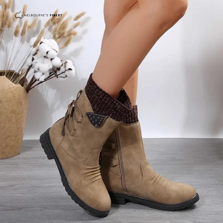 Bottes d’hiver mi-mollet en daim kaki, tige élastique côtelée, lacets, semelle épaisse