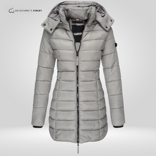 Manteau d’hiver gris clair pour femme, capuche, fermeture éclair, coutures matelassées