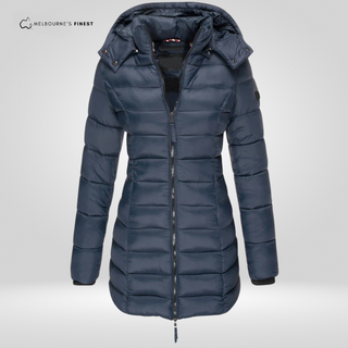 Manteau d’hiver bleu marine pour femme, capuche, fermeture éclair, coutures matelassées
