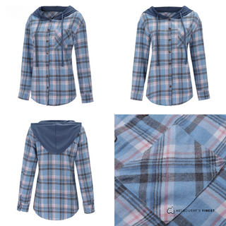 Cardigan femme Ceryst™ à capuche, carreaux bleu, boutonné, manches longues