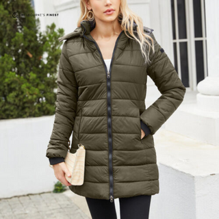 Manteau d’hiver matelassé pour femme Hafsa™, vert olive, fermeture zippée, poches