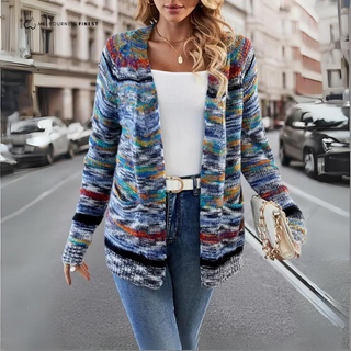 Cardigan Chloe™ rayé multicolore, poches plaquées, manches longues, tricot texturé