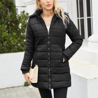 Manteau d’hiver noir pour femme, capuche, fermeture éclair centrale, matelassage