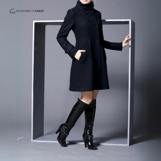 Manteau Abbie™ femme noir, boutonnage double, coupe évasée, col haut