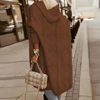 Gilet long à capuche en maille texturée marron, poches, devant ouvert et motif losanges